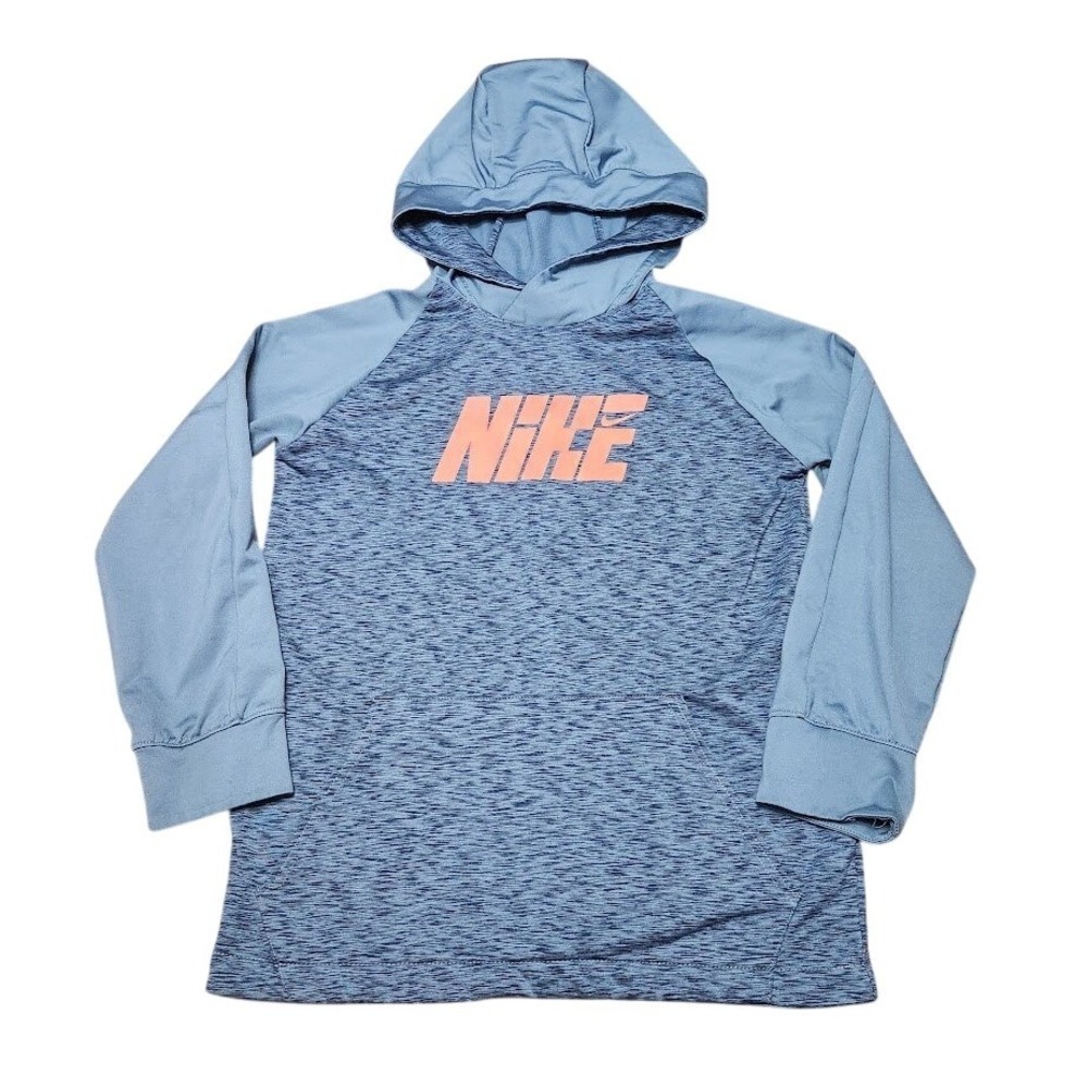Nike Dri-FIT Boys Small Blue Space Dye Raglan Pullover Hoodie Orange Logo 777